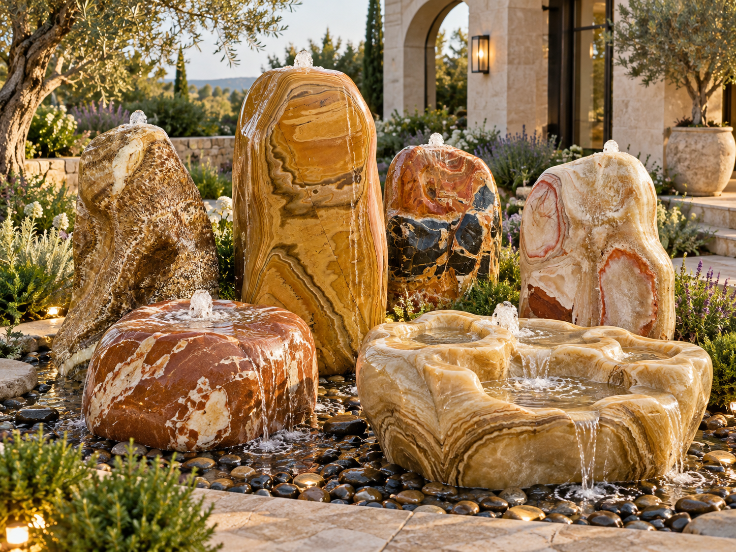 Warm-toned onyx and marble water features in a planted courtyard