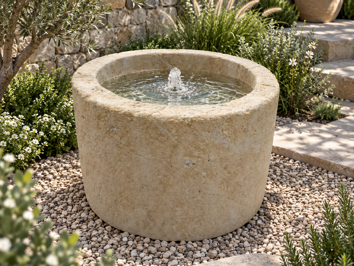 Round natural stone water basin in a garden setting