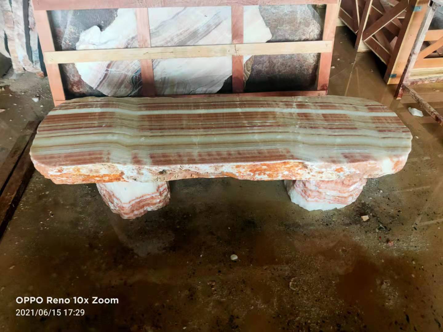 Layered stone bench — front view