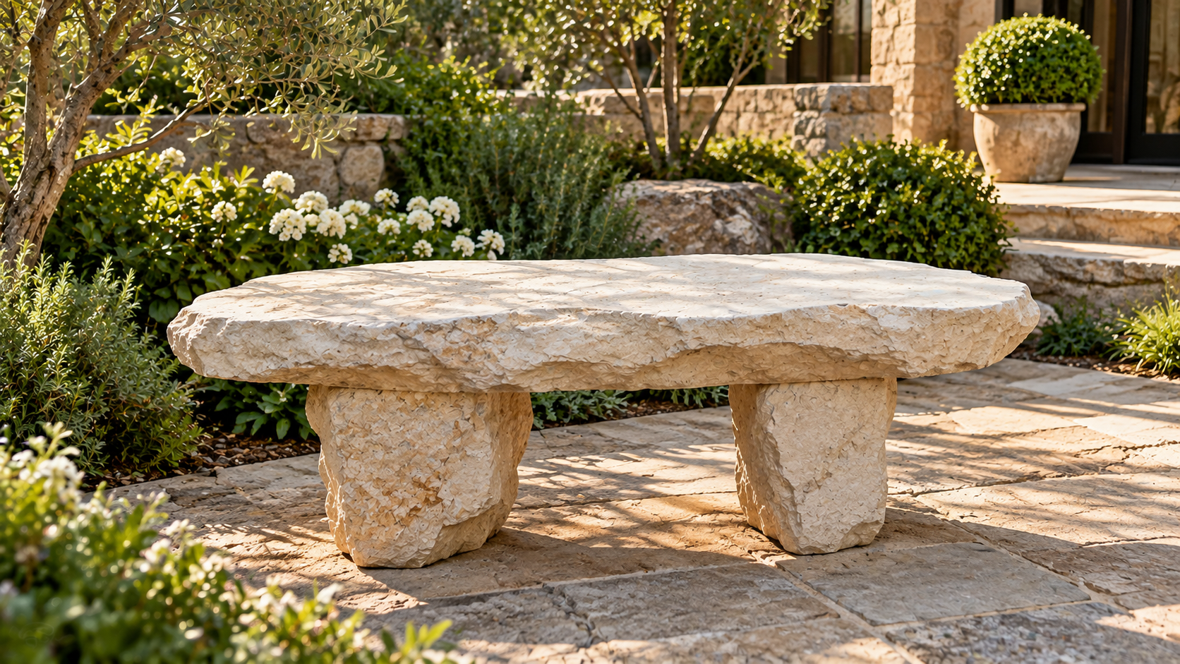 Light natural stone bench on a garden patio