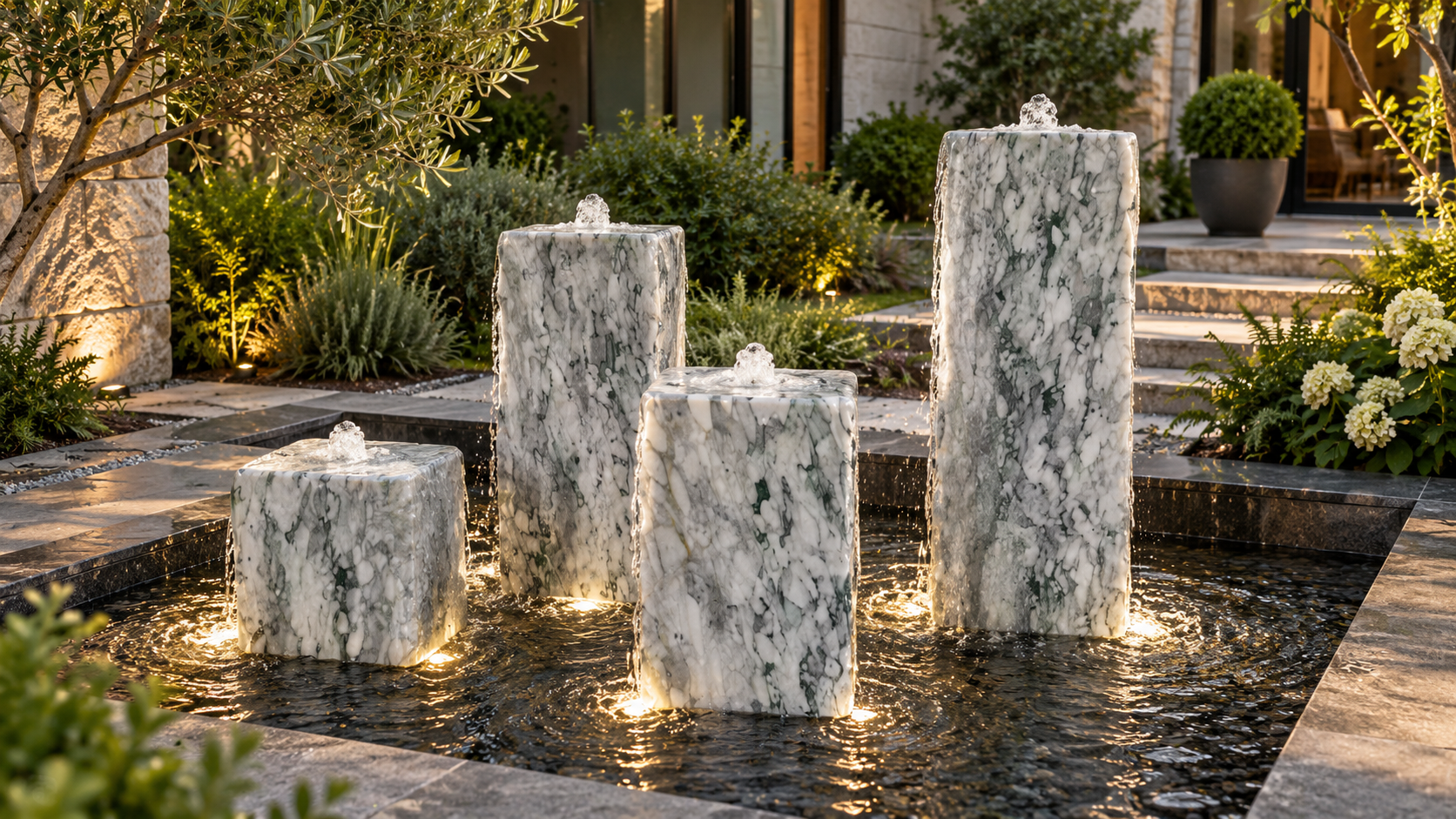 Grey natural stone column fountains in a garden water feature