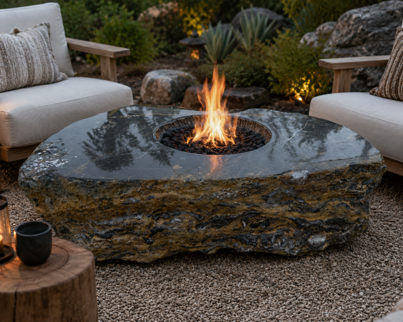 Dark natural stone fire table in an outdoor seating area