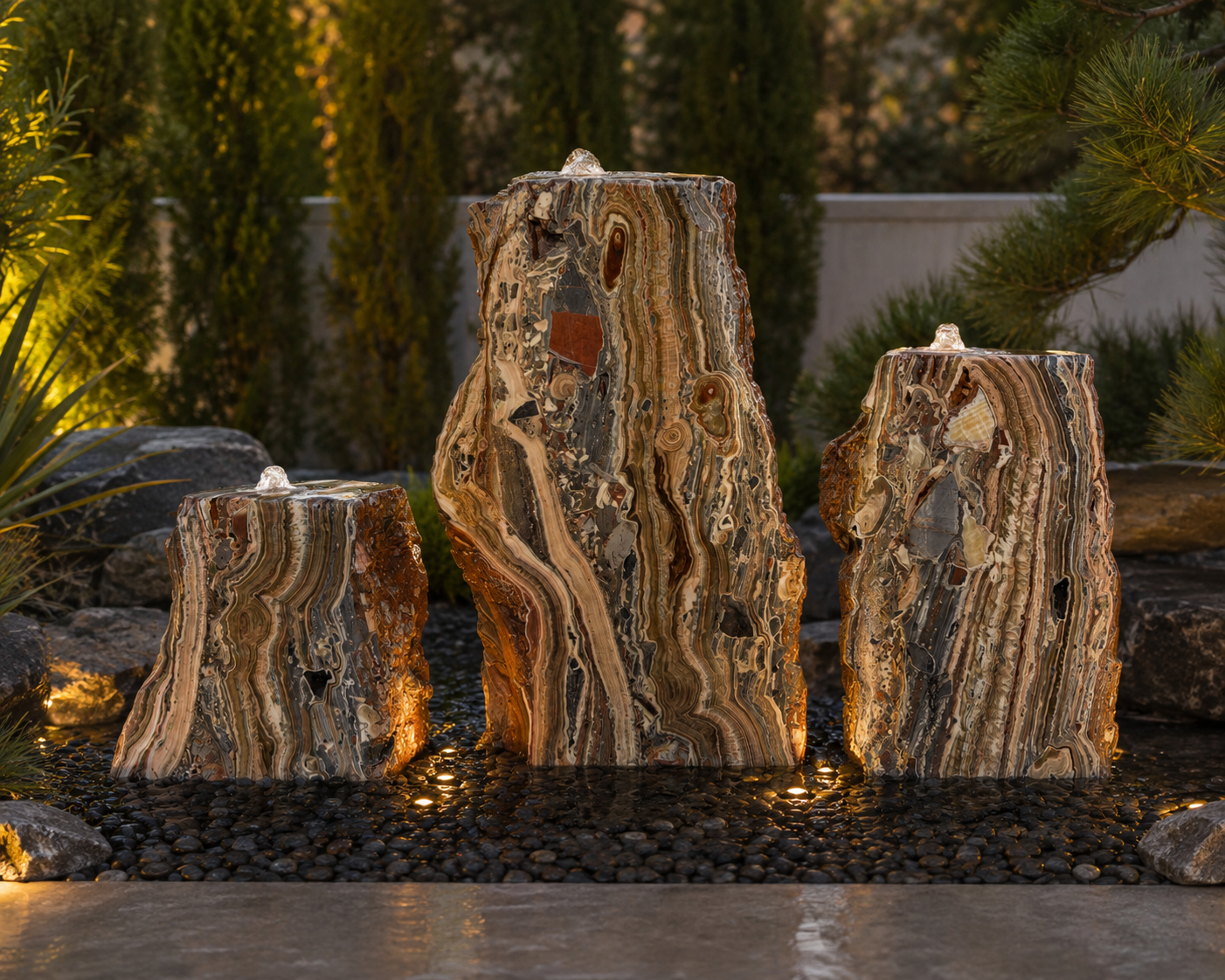Naturally shaped stone columns with warm garden lighting