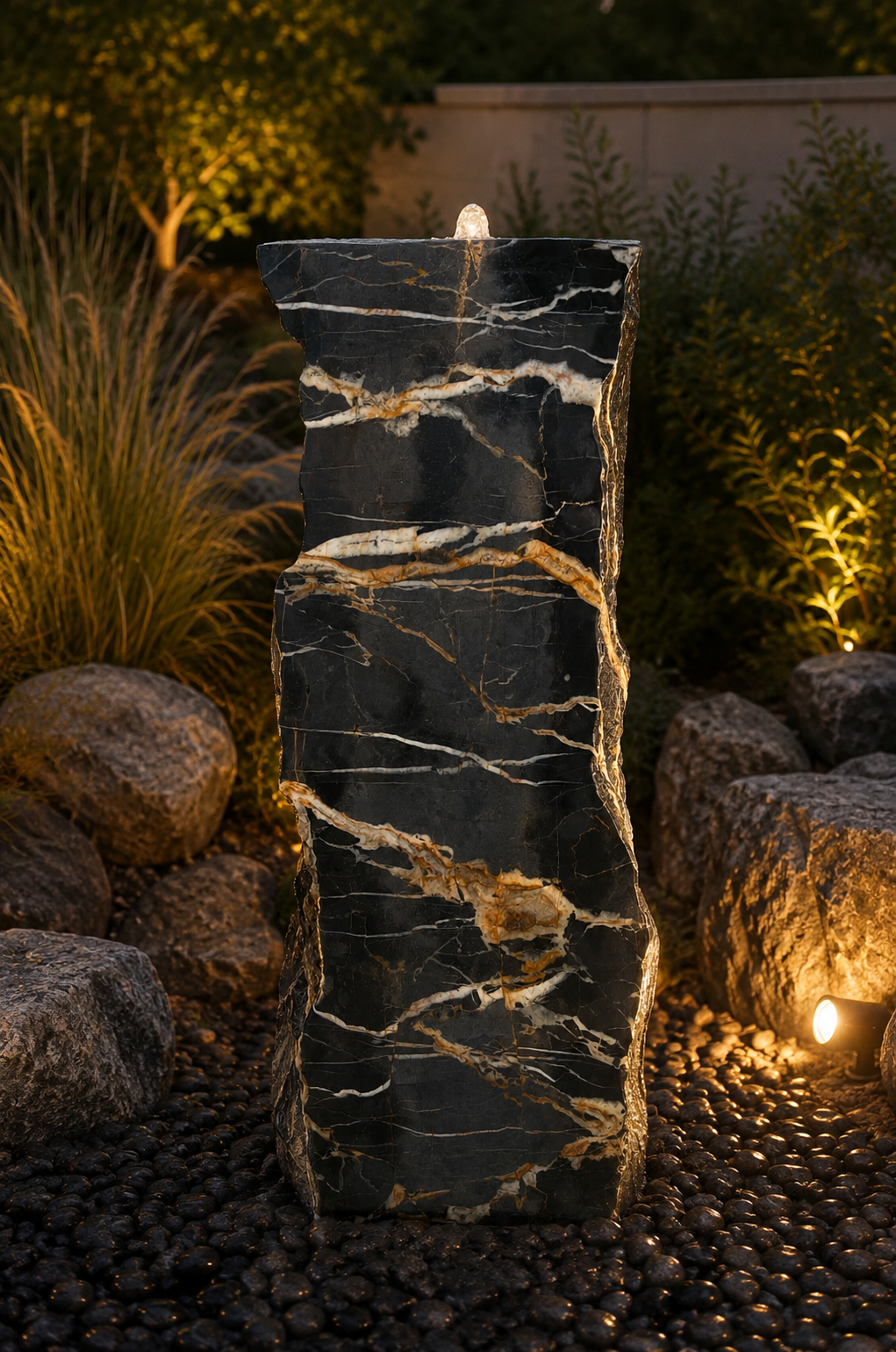 Dark natural stone column fountain in a garden