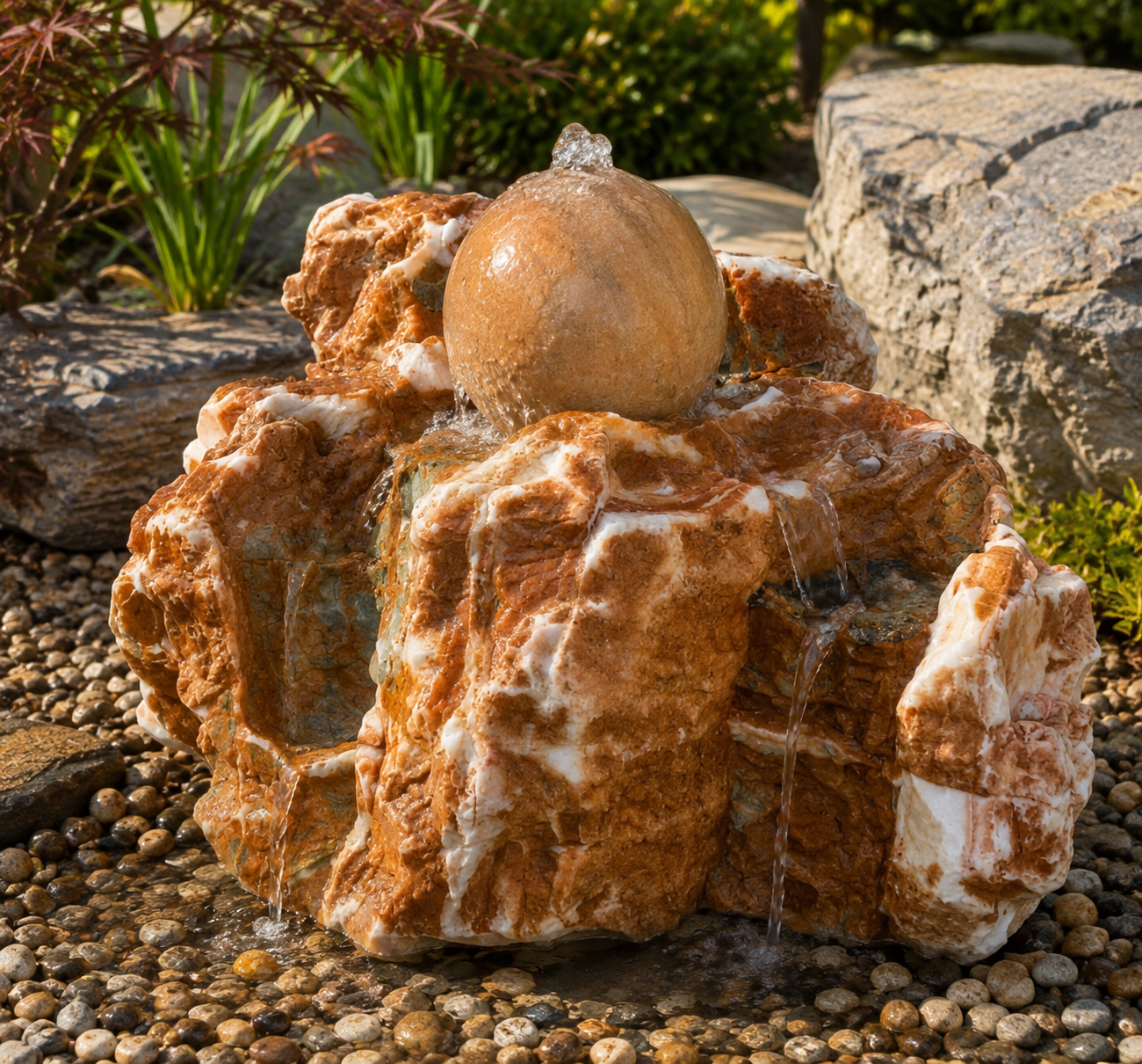 Orange onyx sphere fountain in a landscaped garden