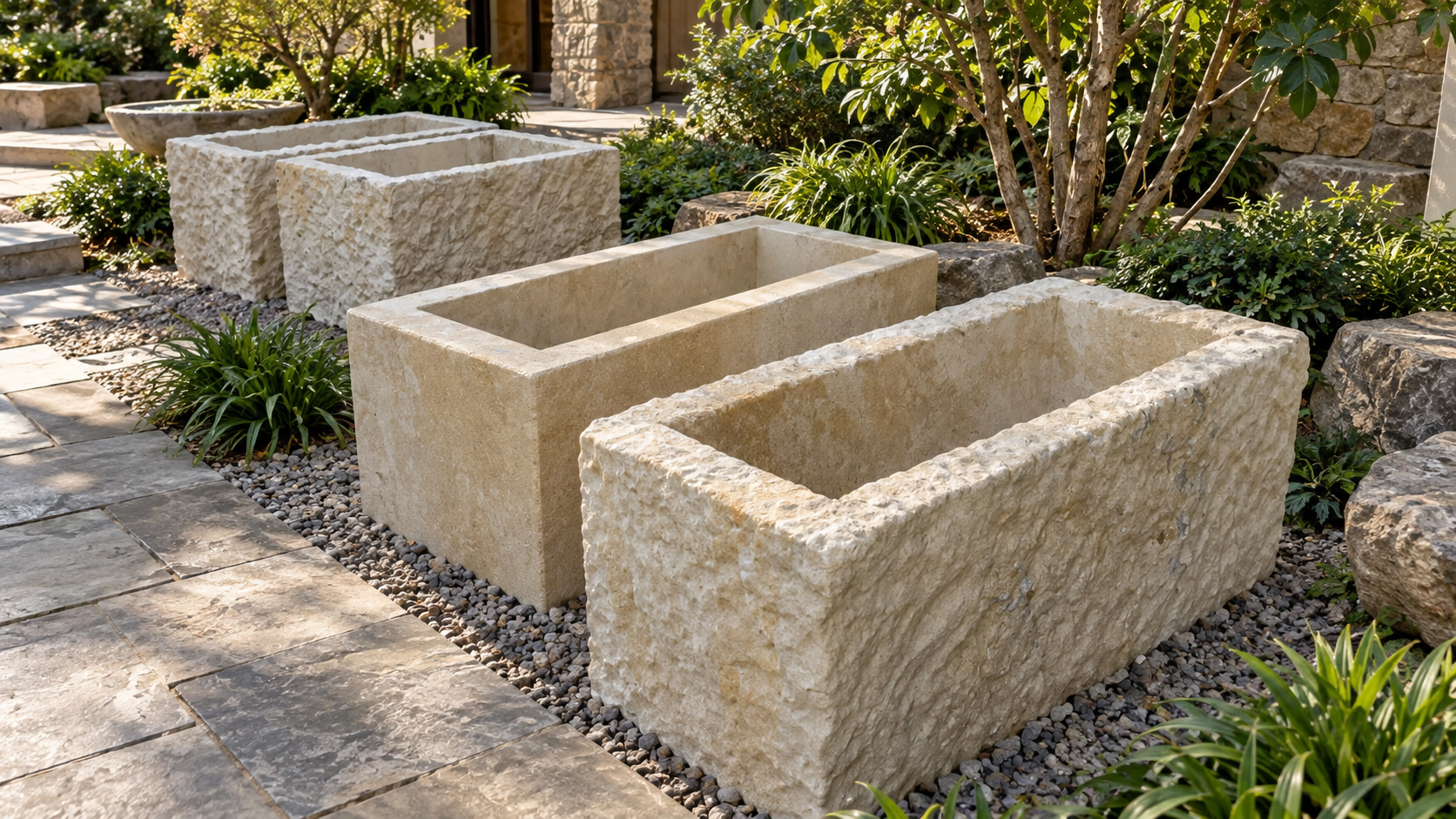 Rectangular natural stone planters beside a garden path