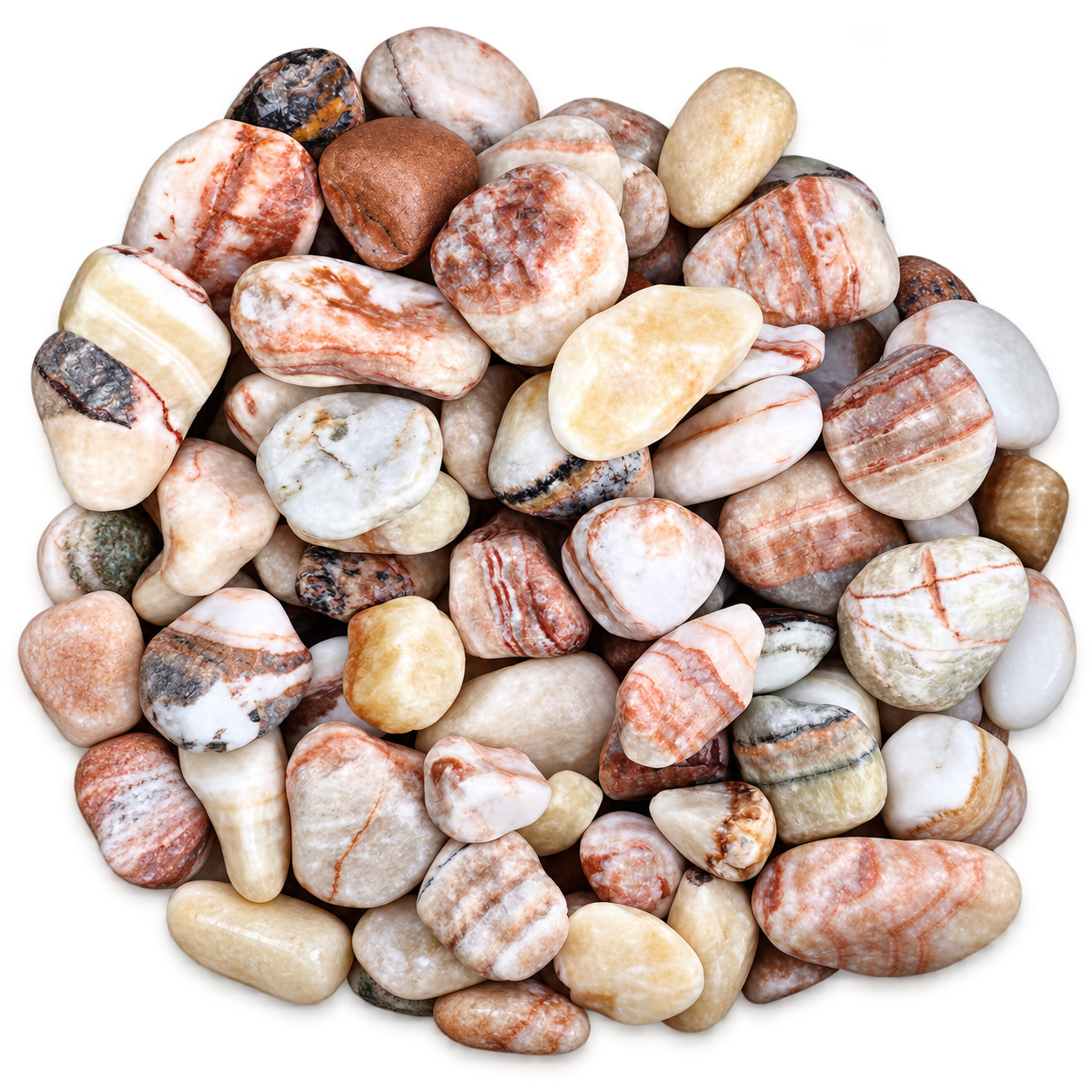 Polished decorative pebbles with cream, pink, golden and dark natural veining