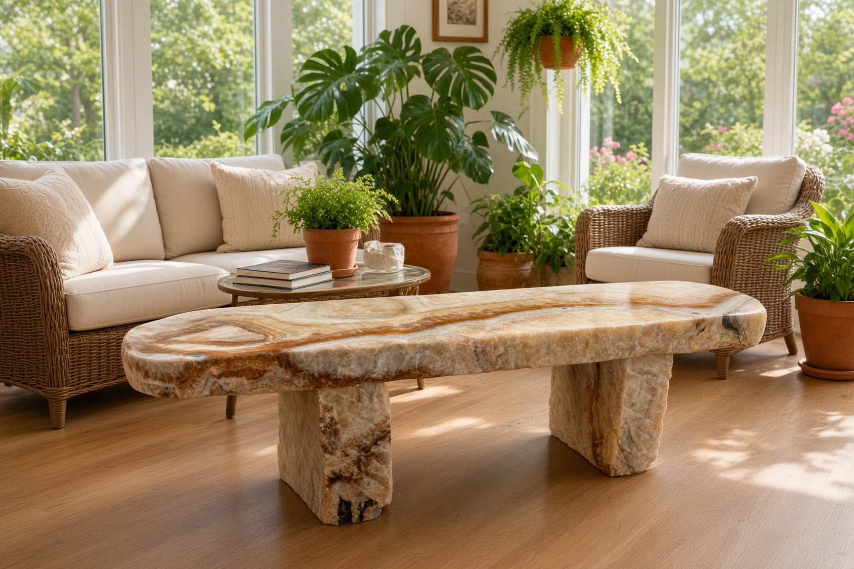 Cream and golden stone bench in a sunlit conservatory concept