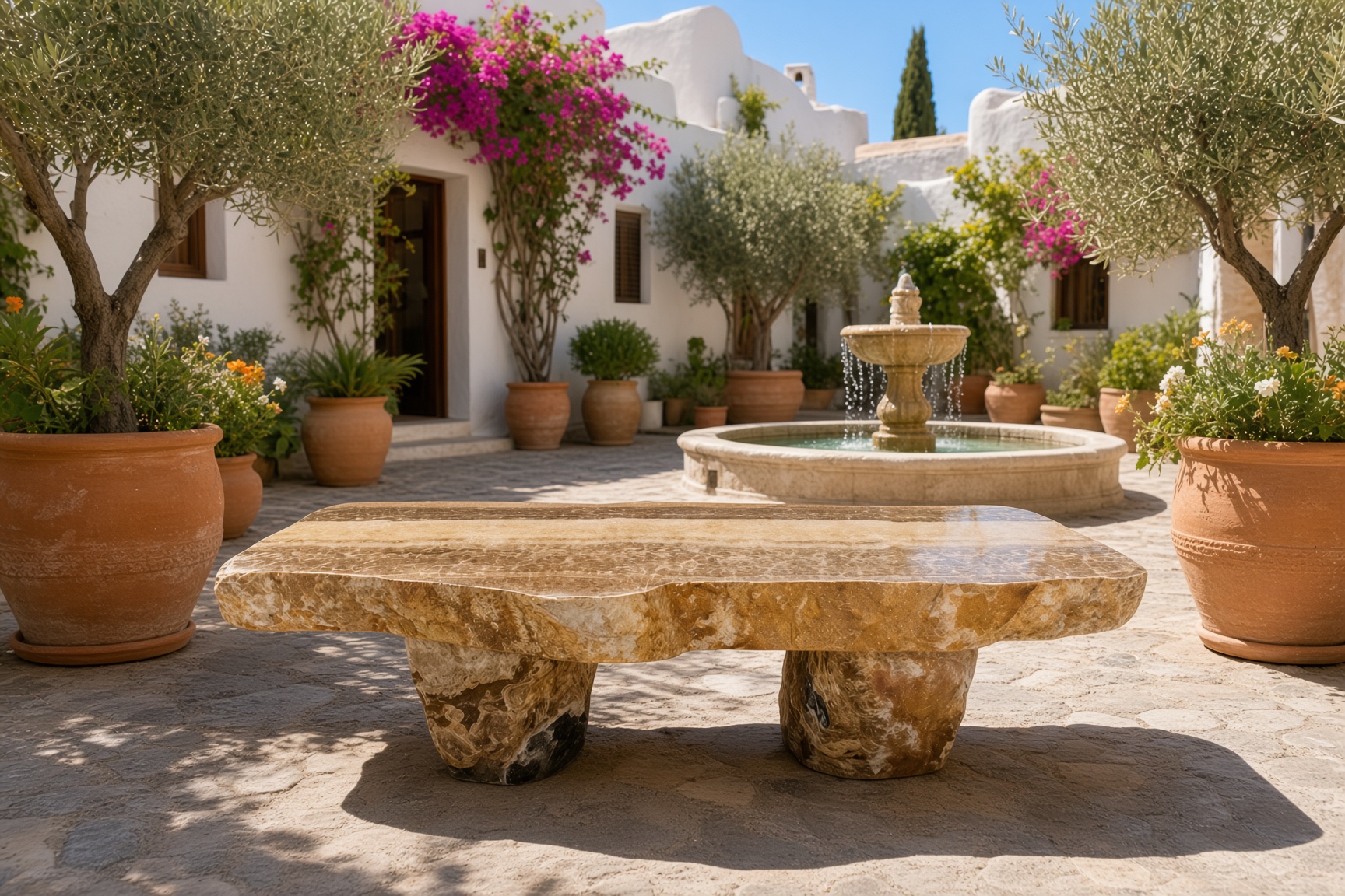 Golden stone bench in a fountain courtyard concept