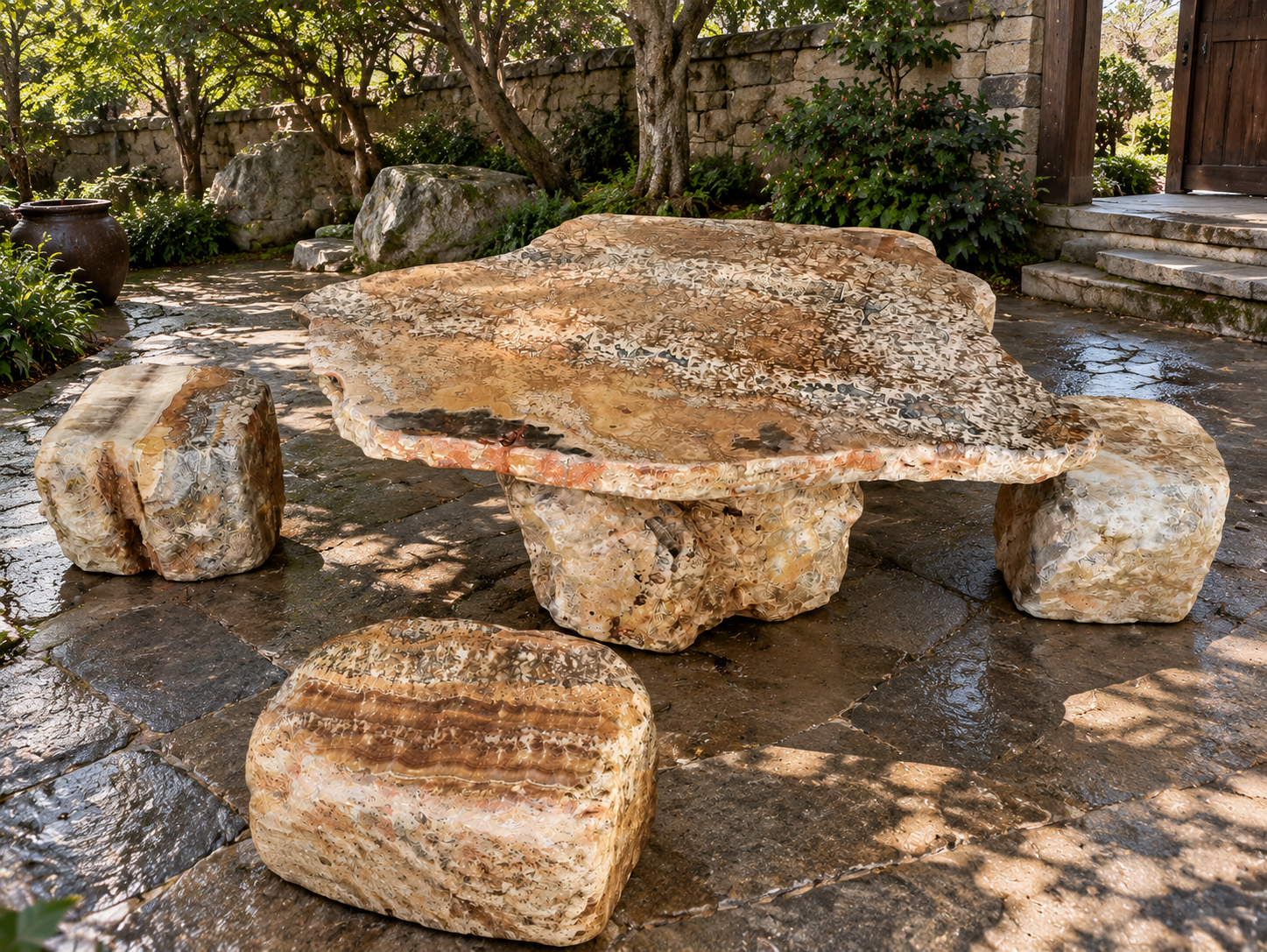 Natural stone table and stools in a shaded garden courtyard